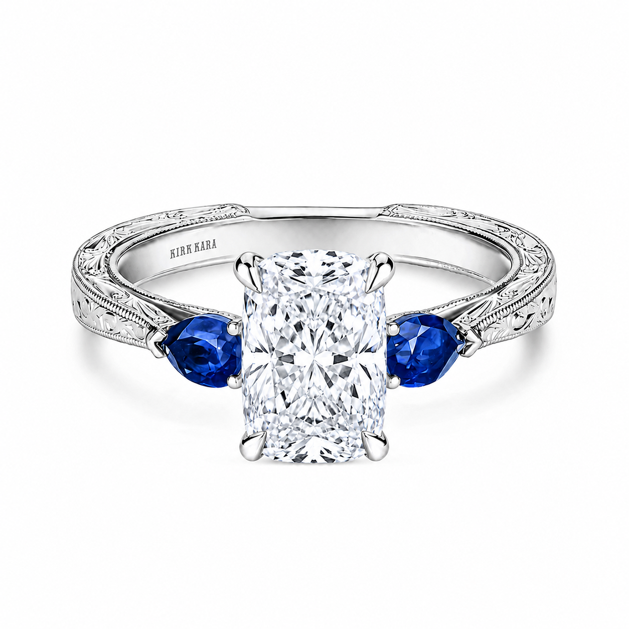Three Stone Blue Sapphire Pear Engraved Engagement Ring