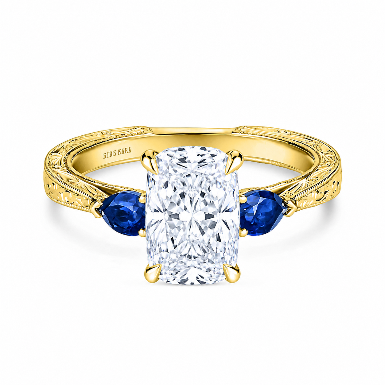 Three Stone Blue Sapphire Pear Engraved Engagement Ring