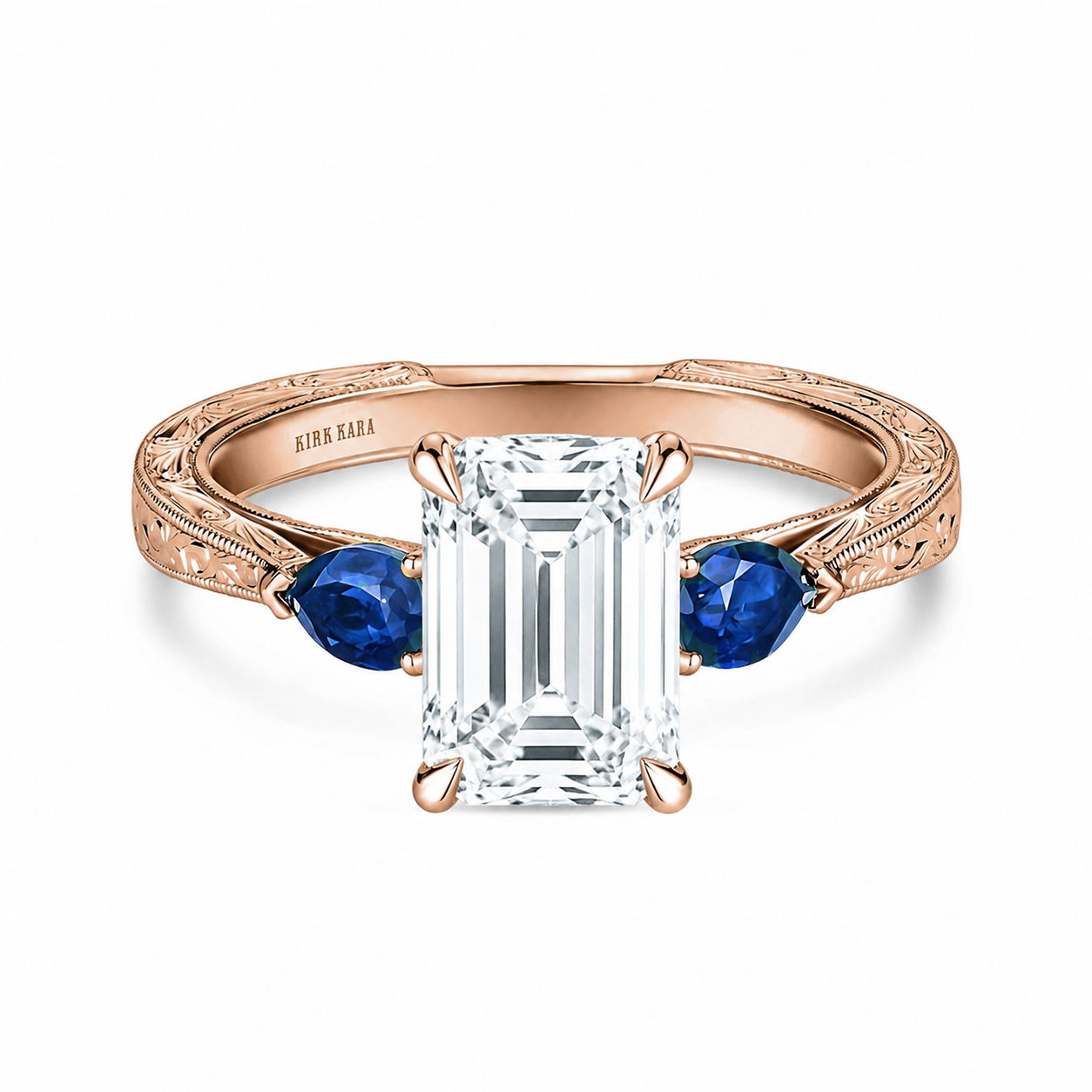 Three Stone Blue Sapphire Pear Engraved Engagement Ring