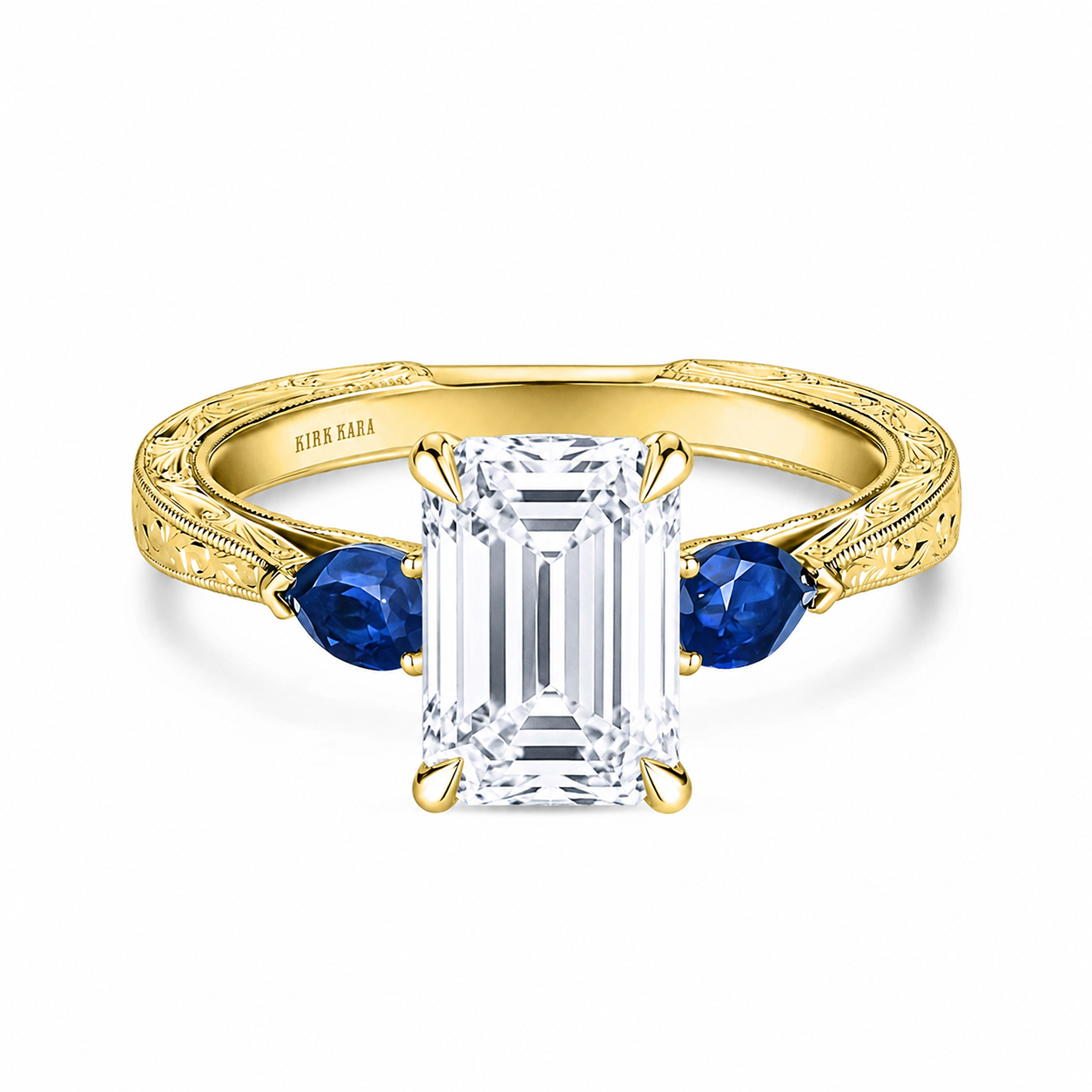 Three Stone Blue Sapphire Pear Engraved Engagement Ring