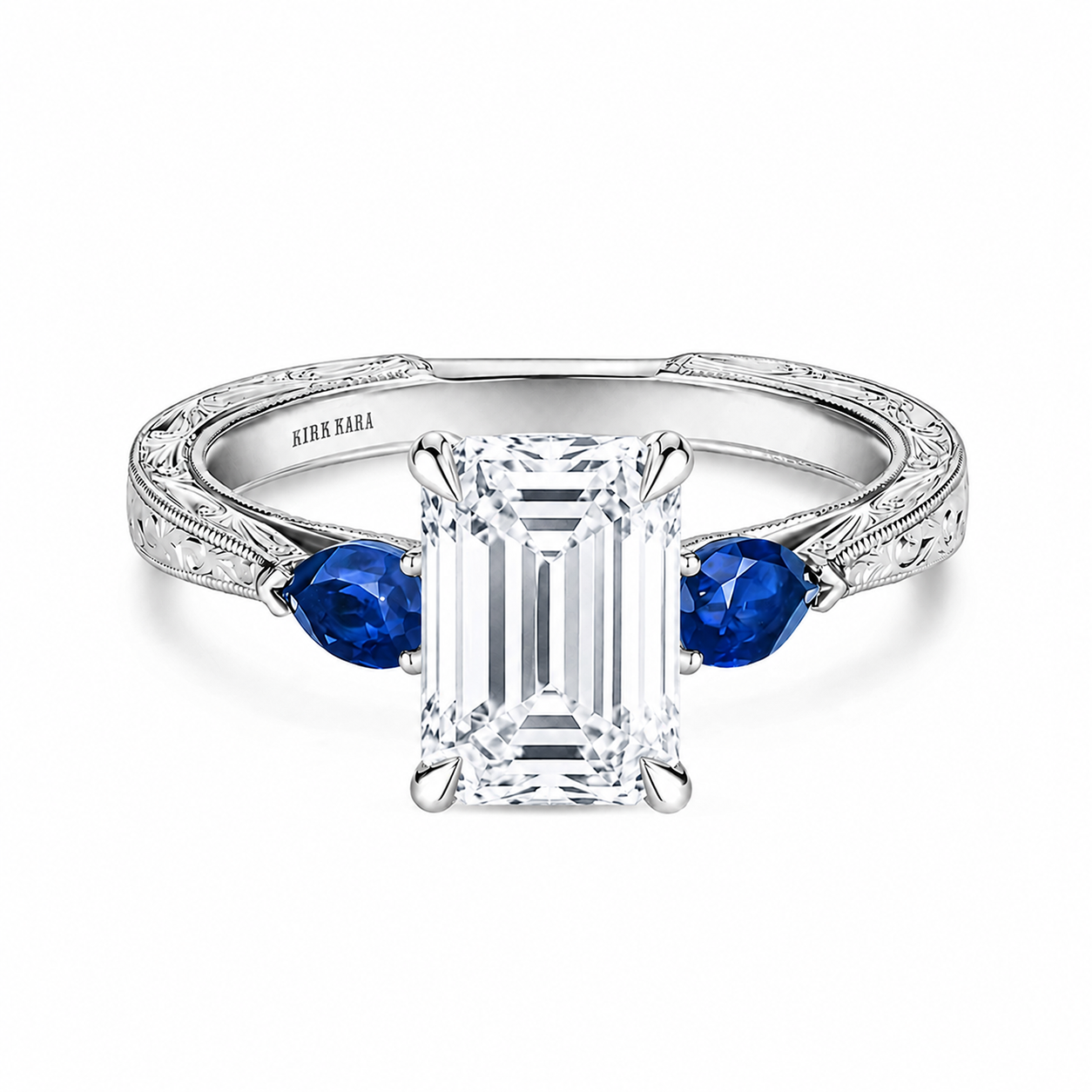 Three Stone Blue Sapphire Pear Engraved Engagement Ring