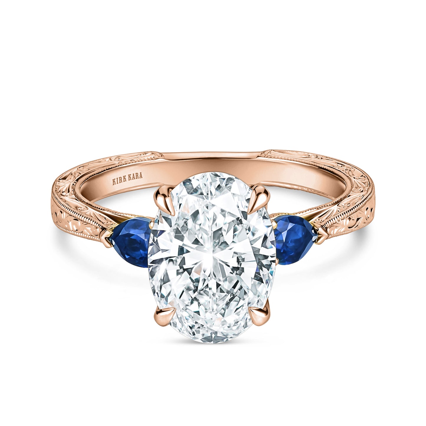 Three Stone Blue Sapphire Pear Engraved Engagement Ring