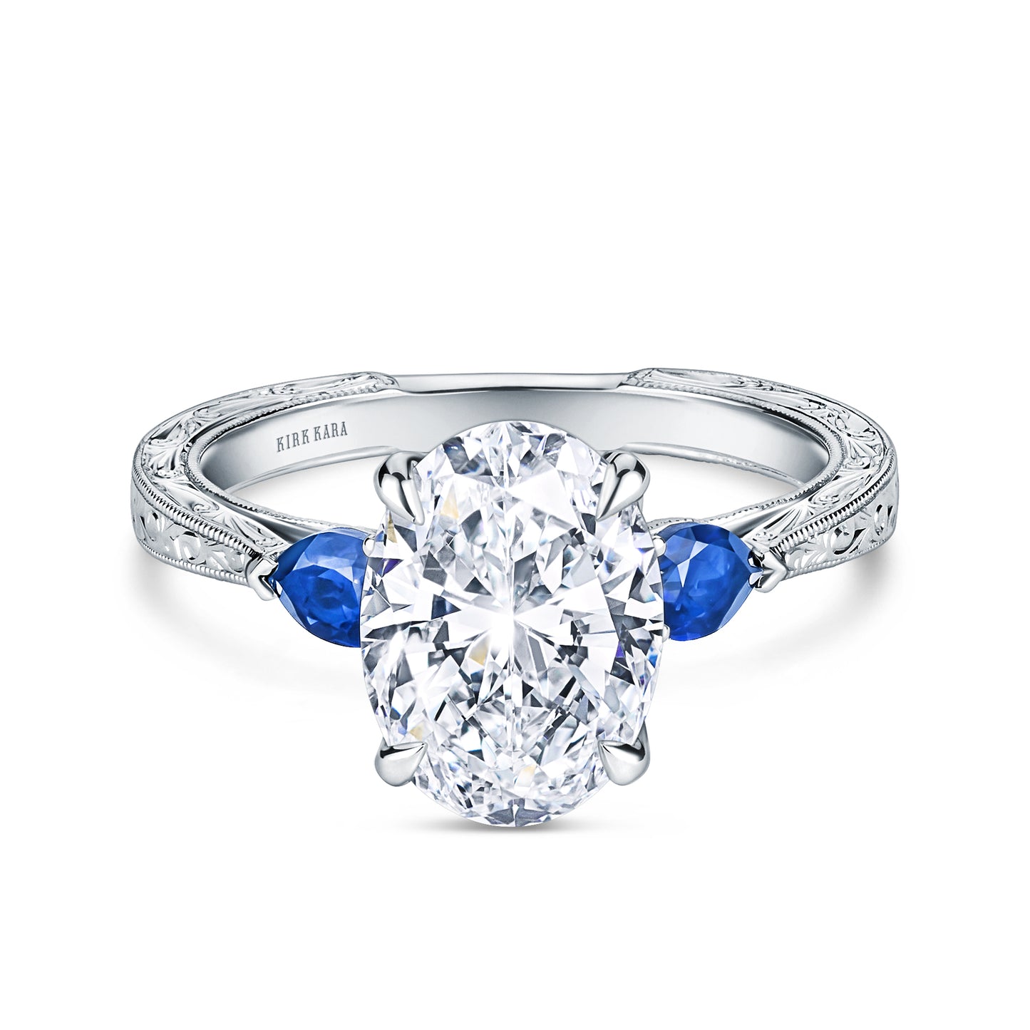 Three Stone Blue Sapphire Pear Engraved Engagement Ring