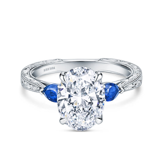 Three Stone Blue Sapphire Pear Engraved Engagement Ring