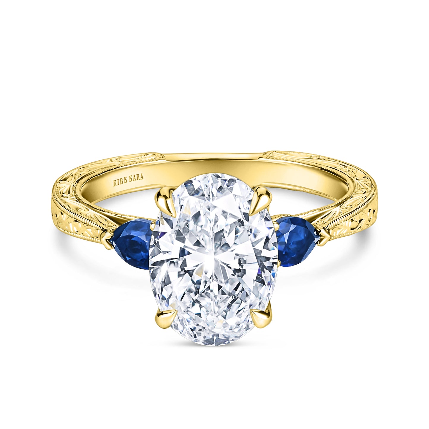 Three Stone Blue Sapphire Pear Engraved Engagement Ring