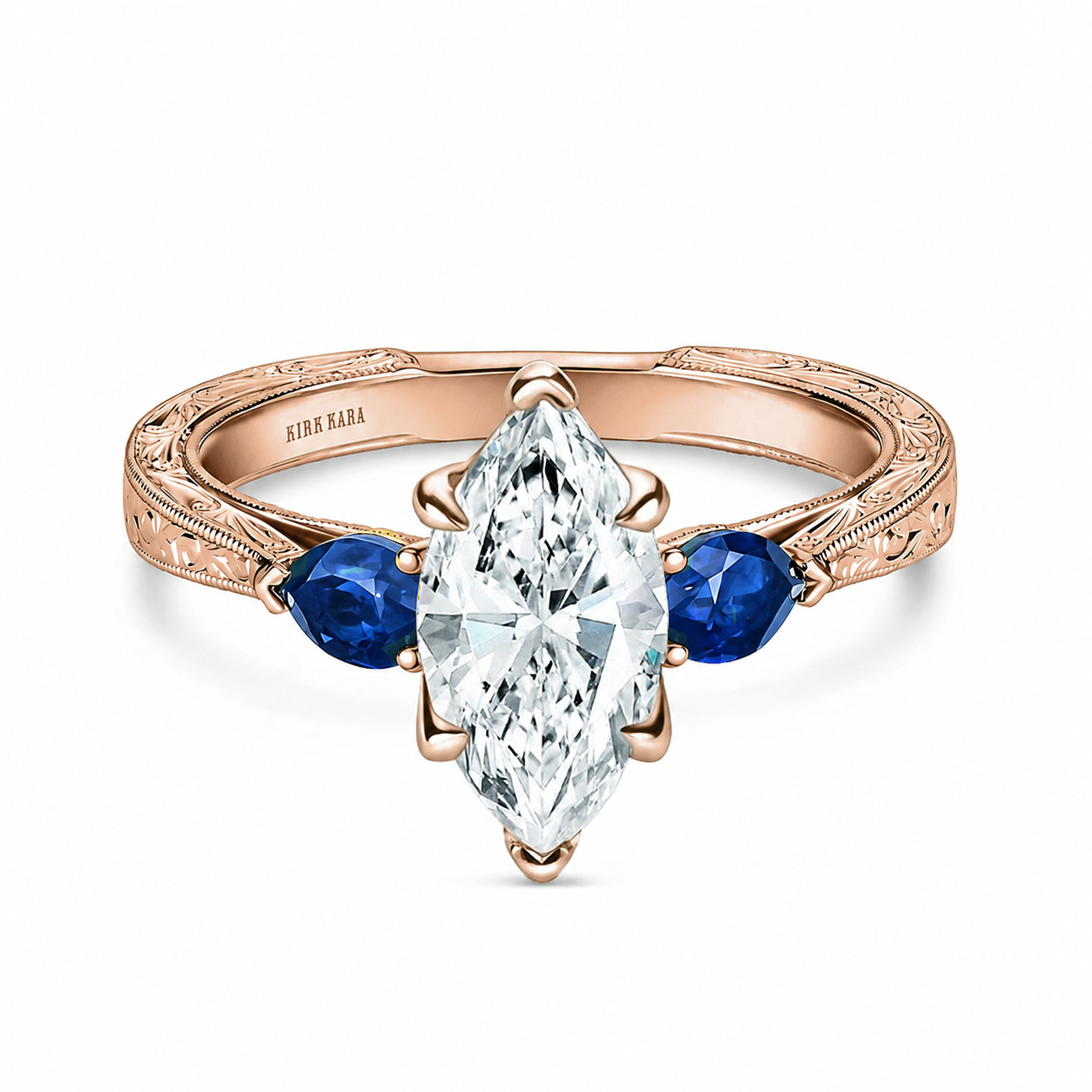 Three Stone Blue Sapphire Pear Engraved Engagement Ring