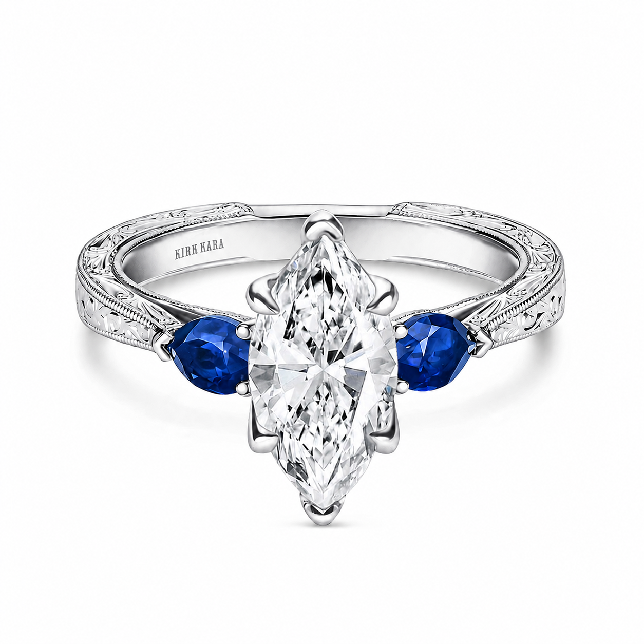 Three Stone Blue Sapphire Pear Engraved Engagement Ring