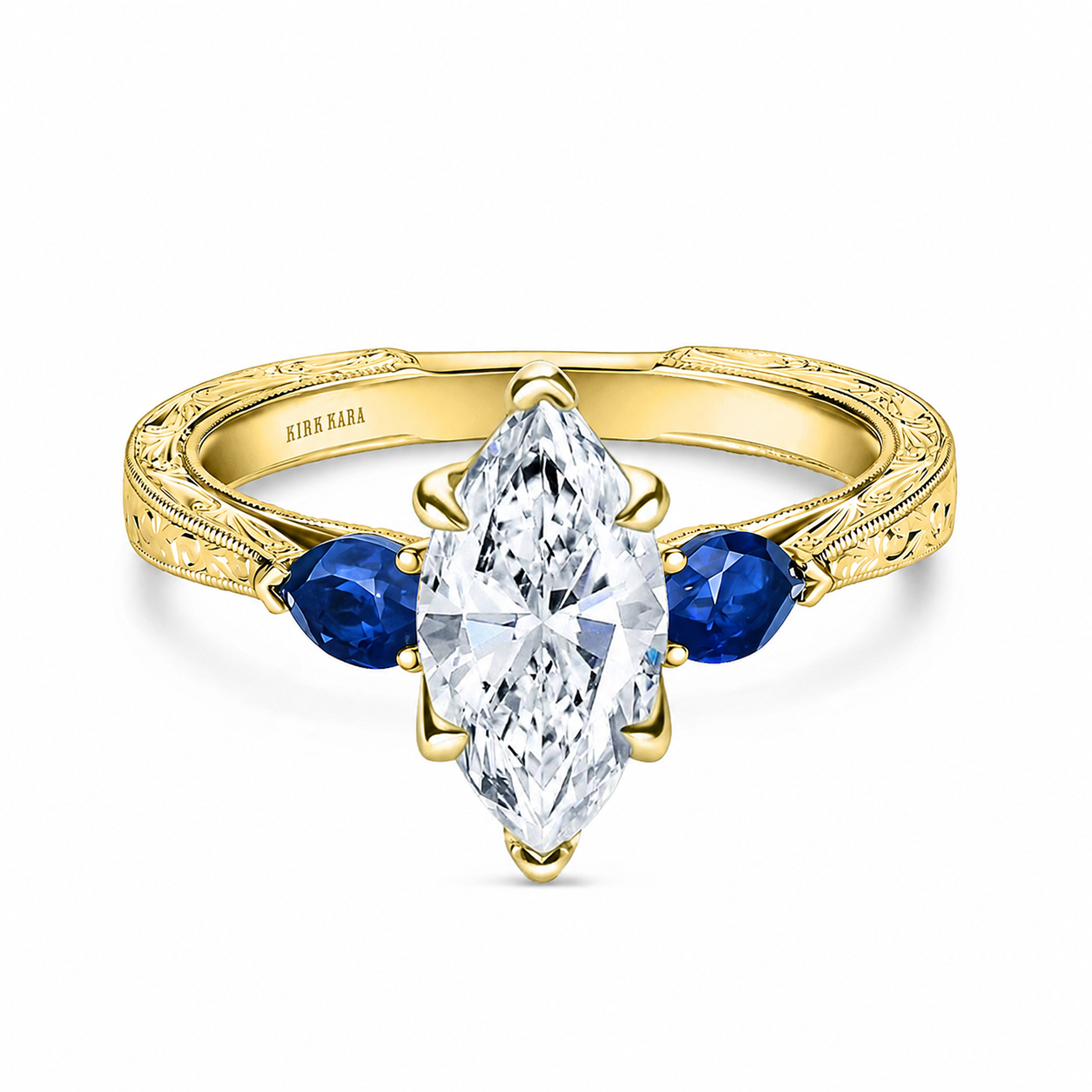 Three Stone Blue Sapphire Pear Engraved Engagement Ring
