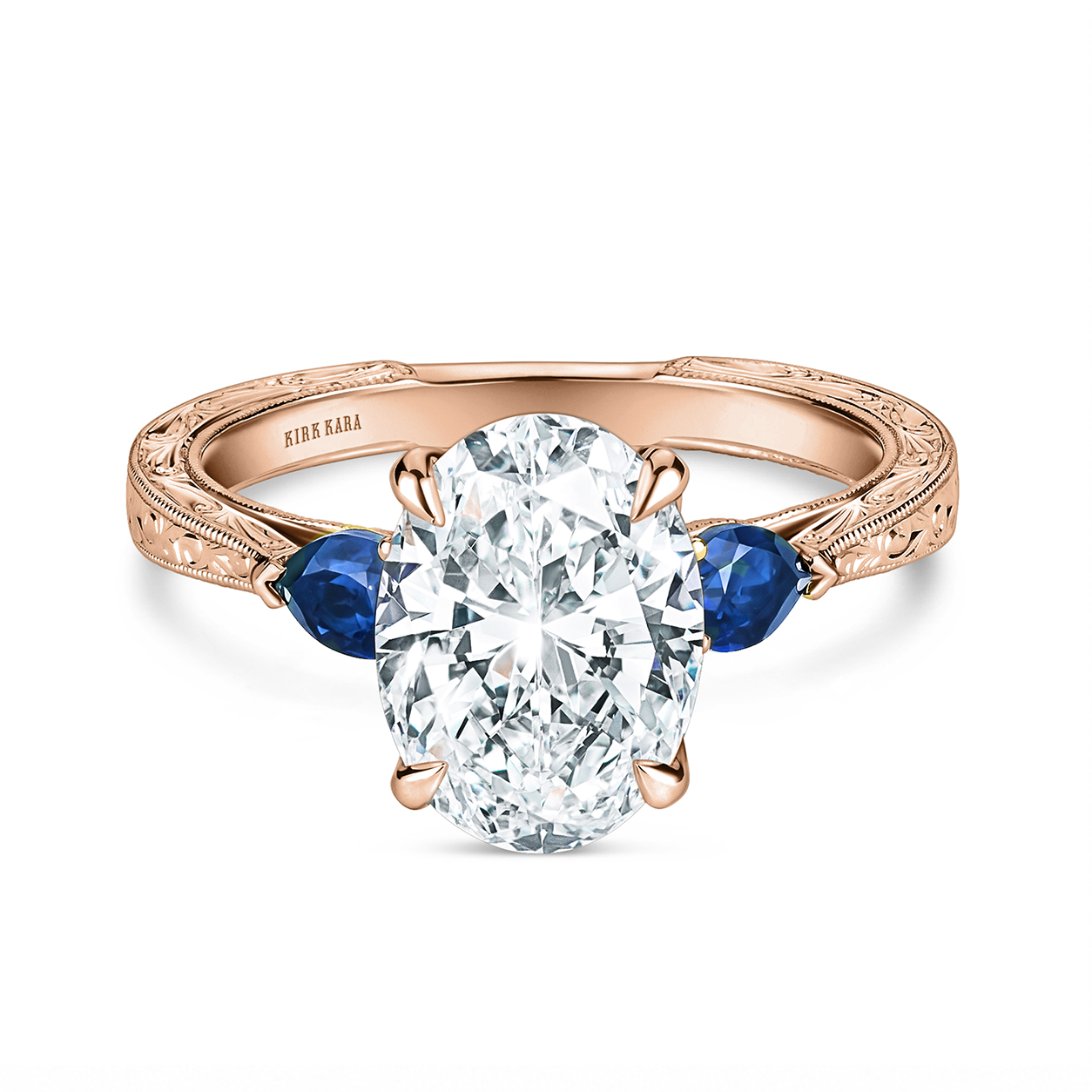 Three Stone Blue Sapphire Pear Engraved Engagement Ring