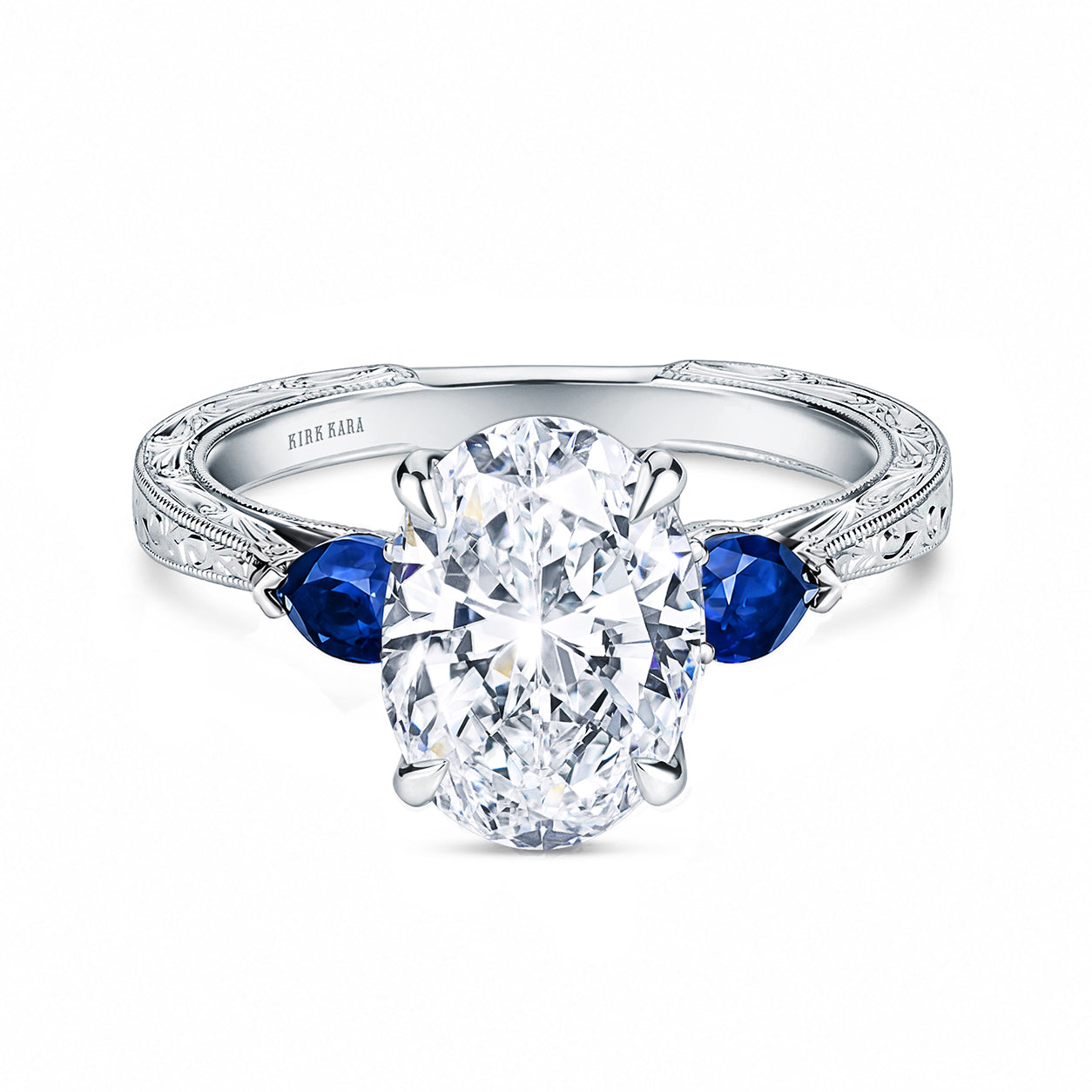 Three Stone Blue Sapphire Pear Engraved Engagement Ring – Kirk Kara