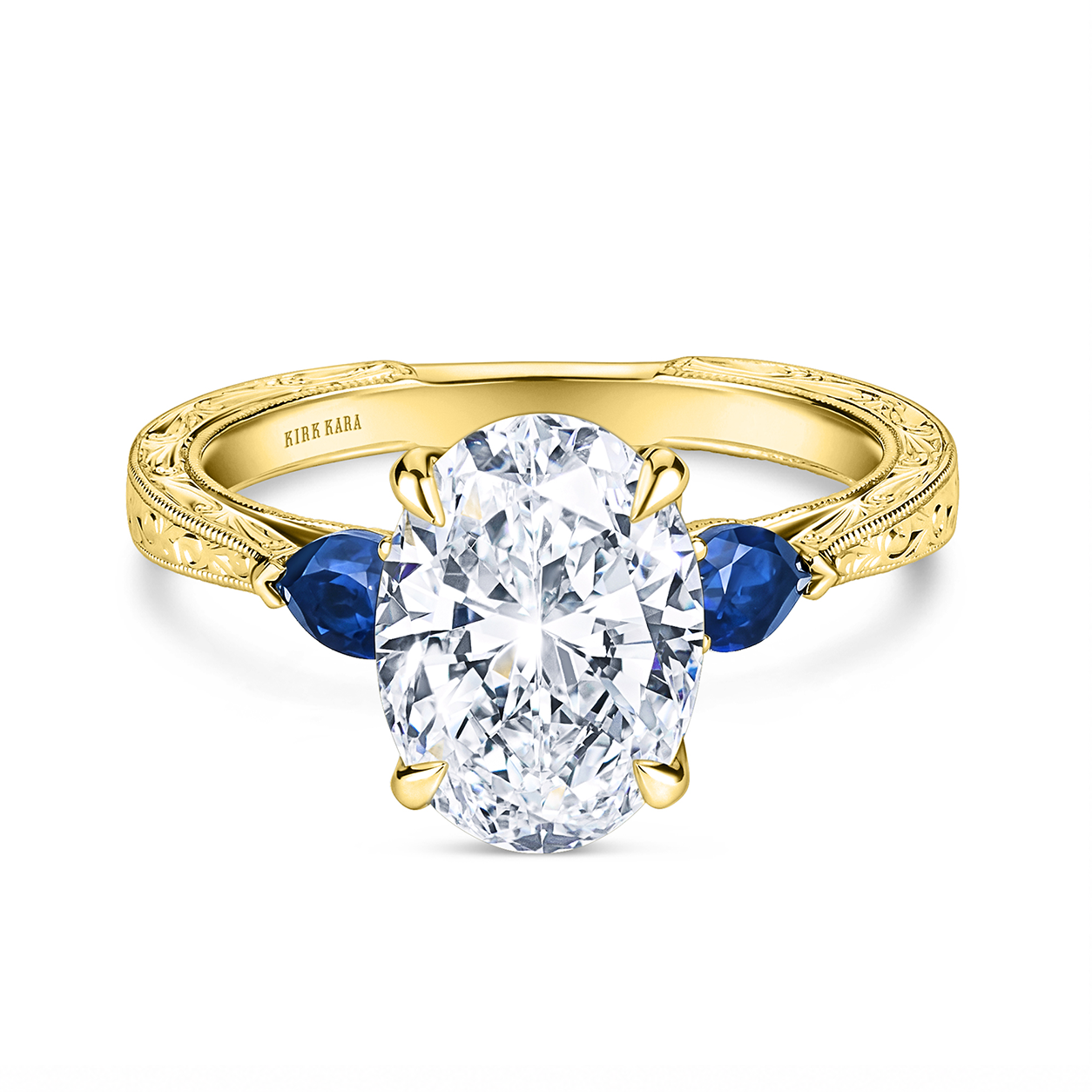 Three Stone Blue Sapphire Pear Engraved Engagement Ring