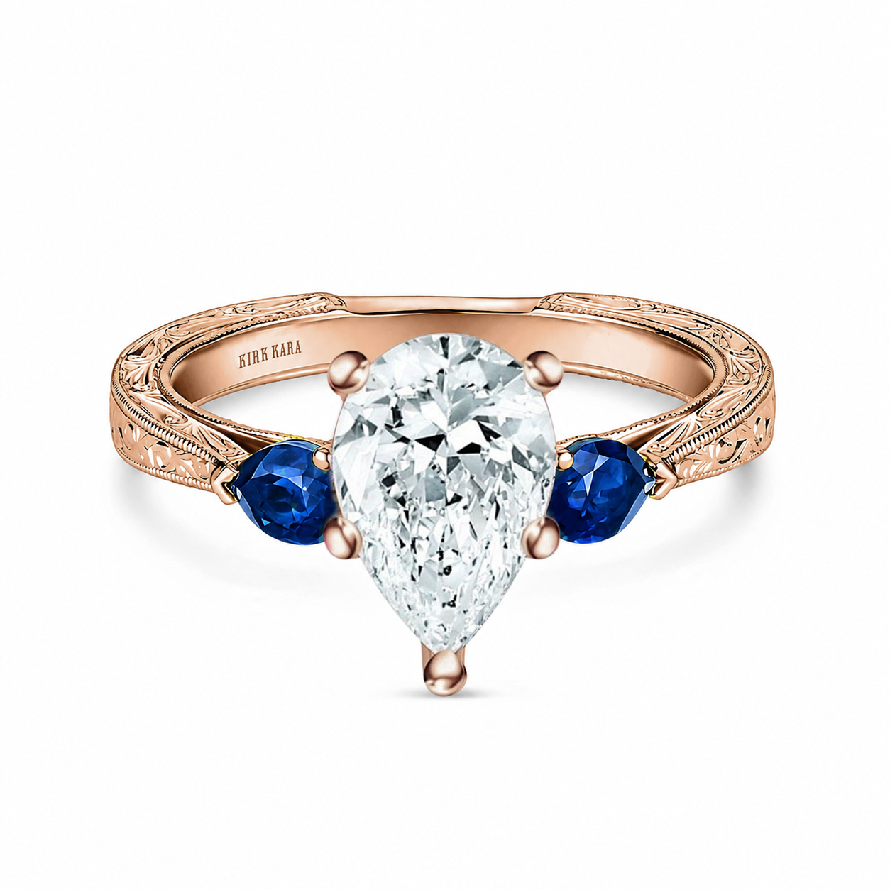 Three Stone Blue Sapphire Pear Engraved Engagement Ring