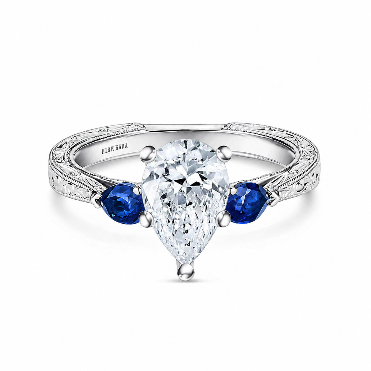 Three Stone Blue Sapphire Pear Engraved Engagement Ring