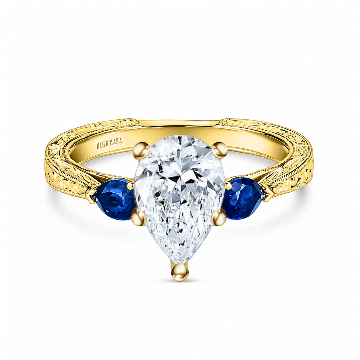 Three Stone Blue Sapphire Pear Engraved Engagement Ring