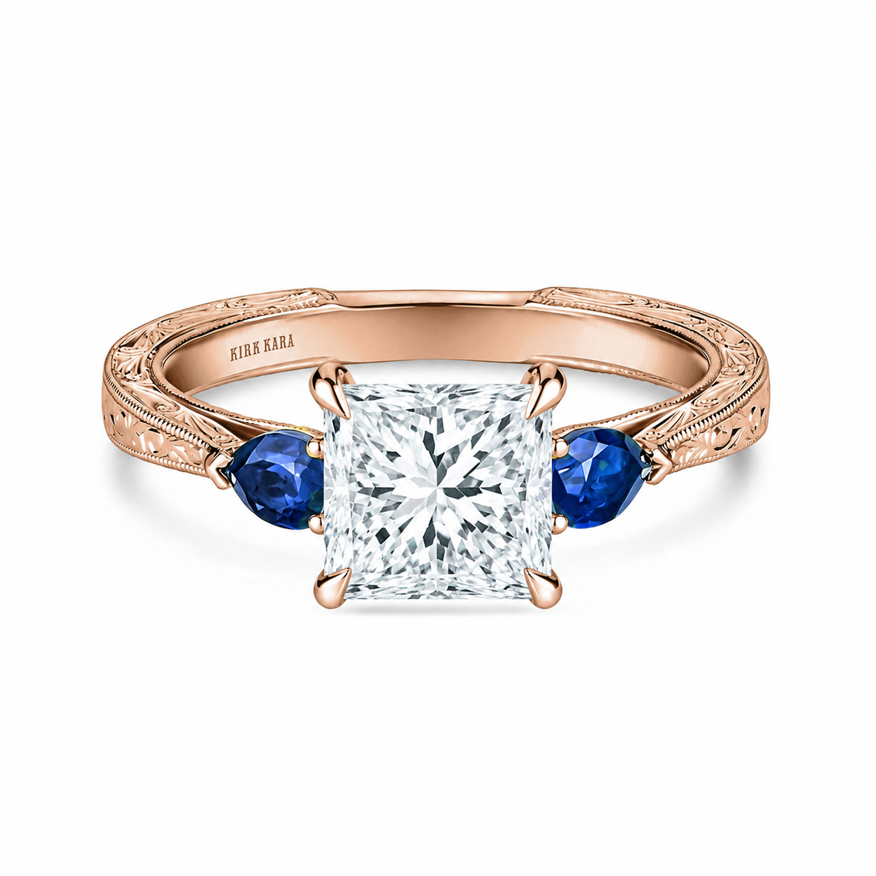 Three Stone Blue Sapphire Pear Engraved Engagement Ring