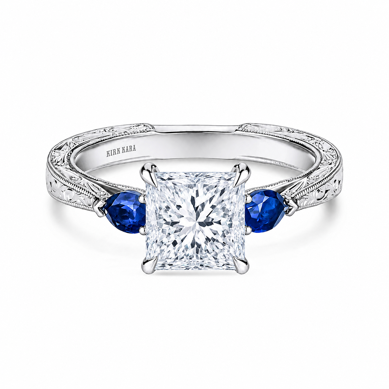 Three Stone Blue Sapphire Pear Engraved Engagement Ring