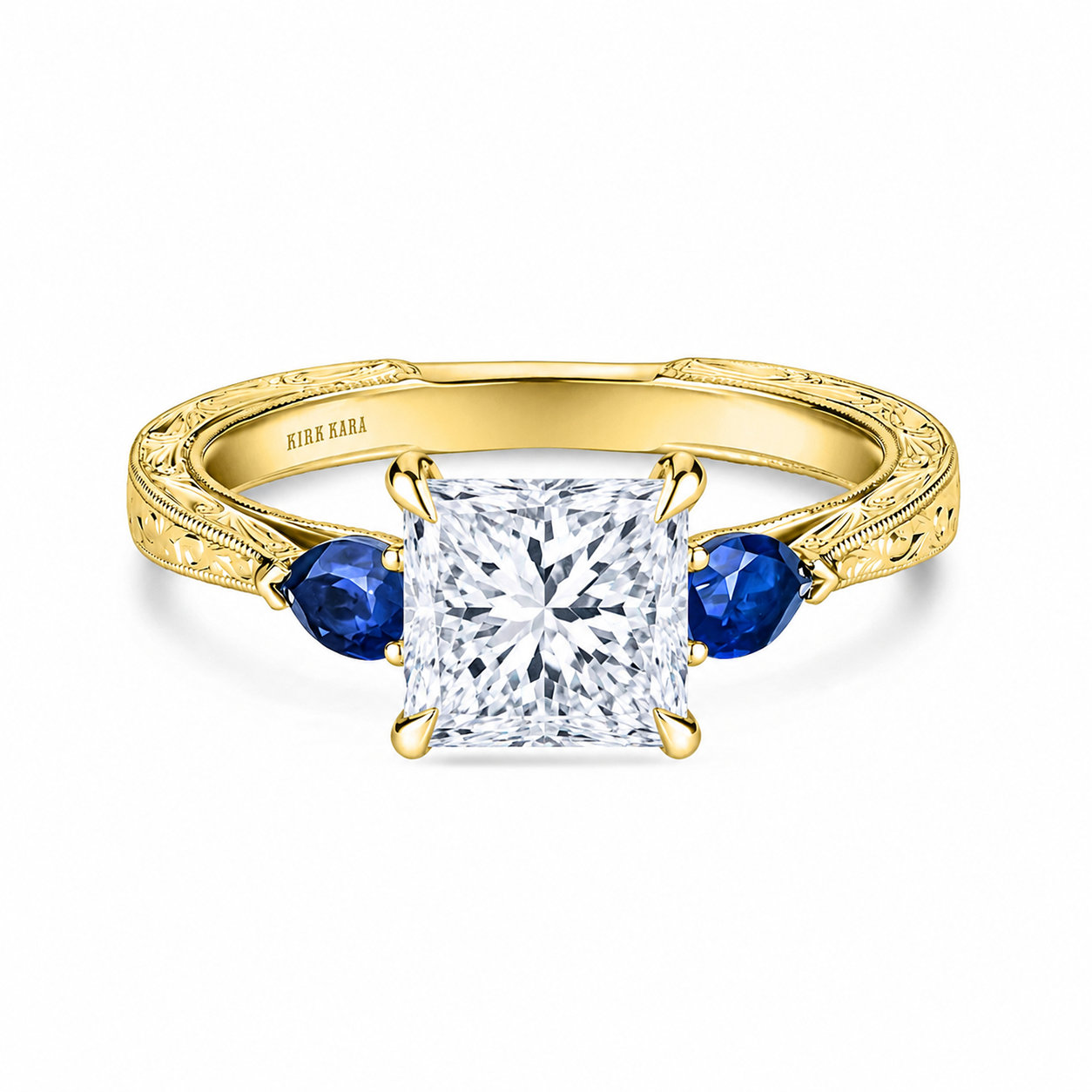 Three Stone Blue Sapphire Pear Engraved Engagement Ring