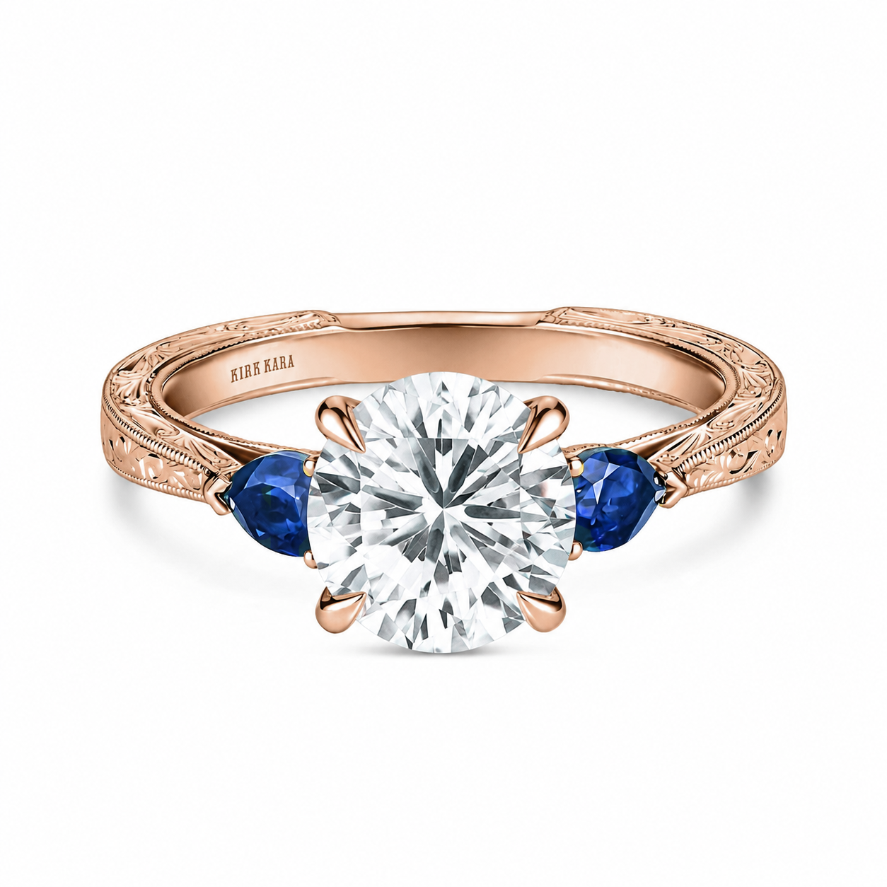 Three Stone Blue Sapphire Pear Engraved Engagement Ring