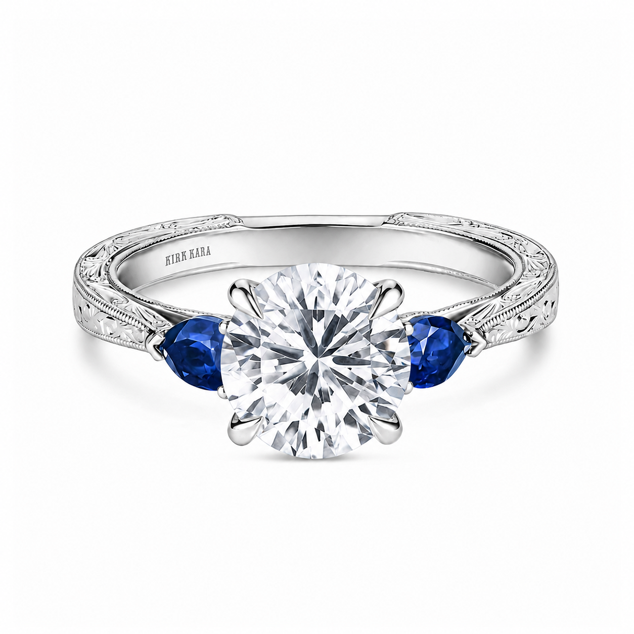 Three Stone Blue Sapphire Pear Engraved Engagement Ring