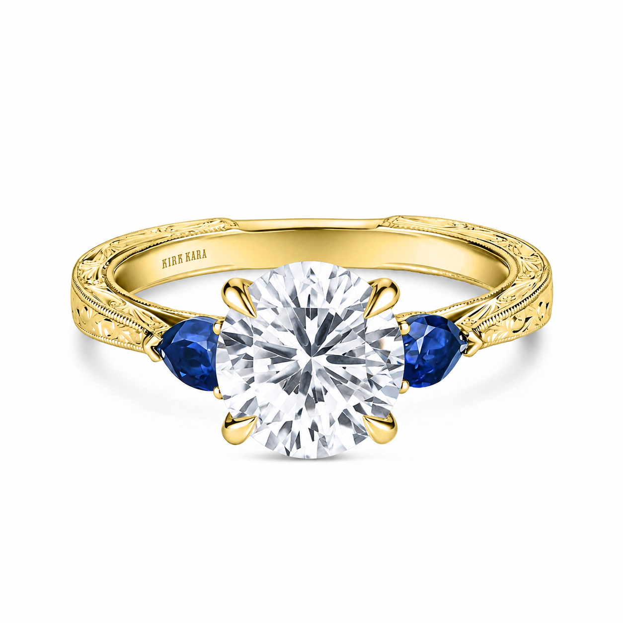 Three Stone Blue Sapphire Pear Engraved Engagement Ring