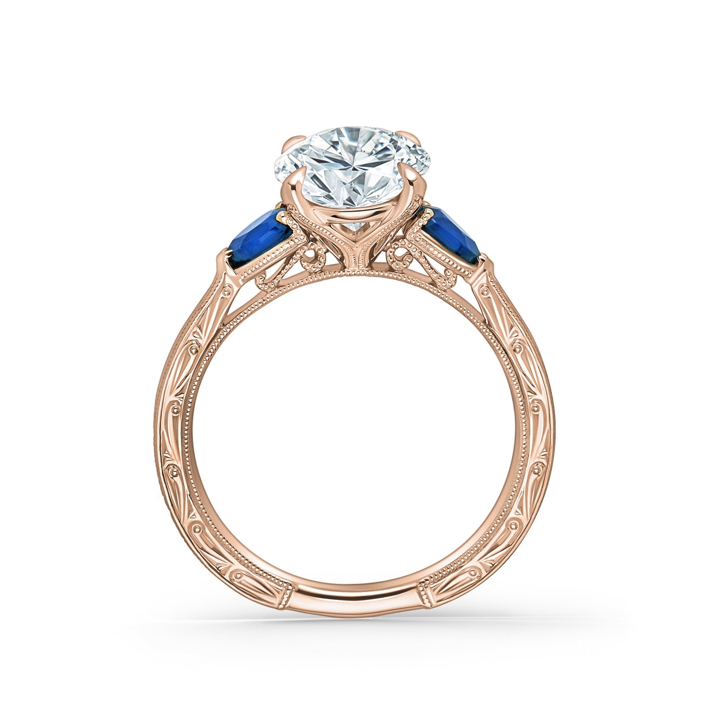 Three Stone Blue Sapphire Pear Engraved Engagement Ring