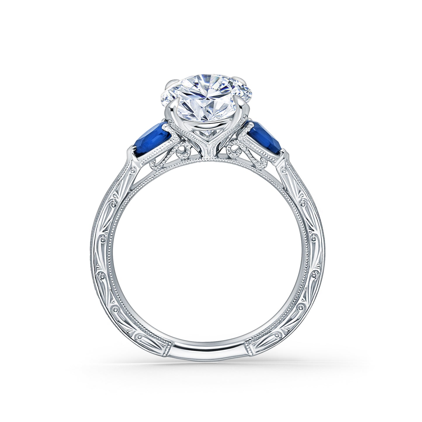 Three Stone Blue Sapphire Pear Engraved Engagement Ring