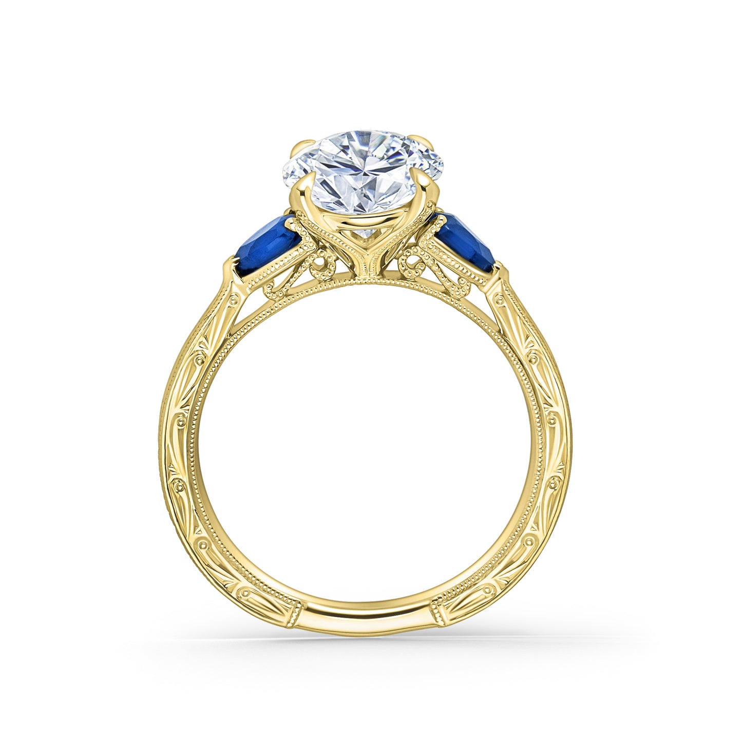 Three Stone Blue Sapphire Pear Engraved Engagement Ring