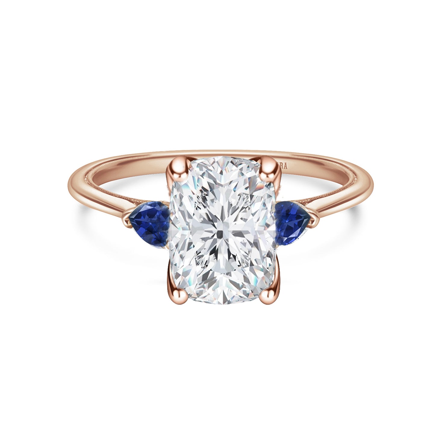 Three Stone Blue Sapphire Pear Side Stone Engagement Ring