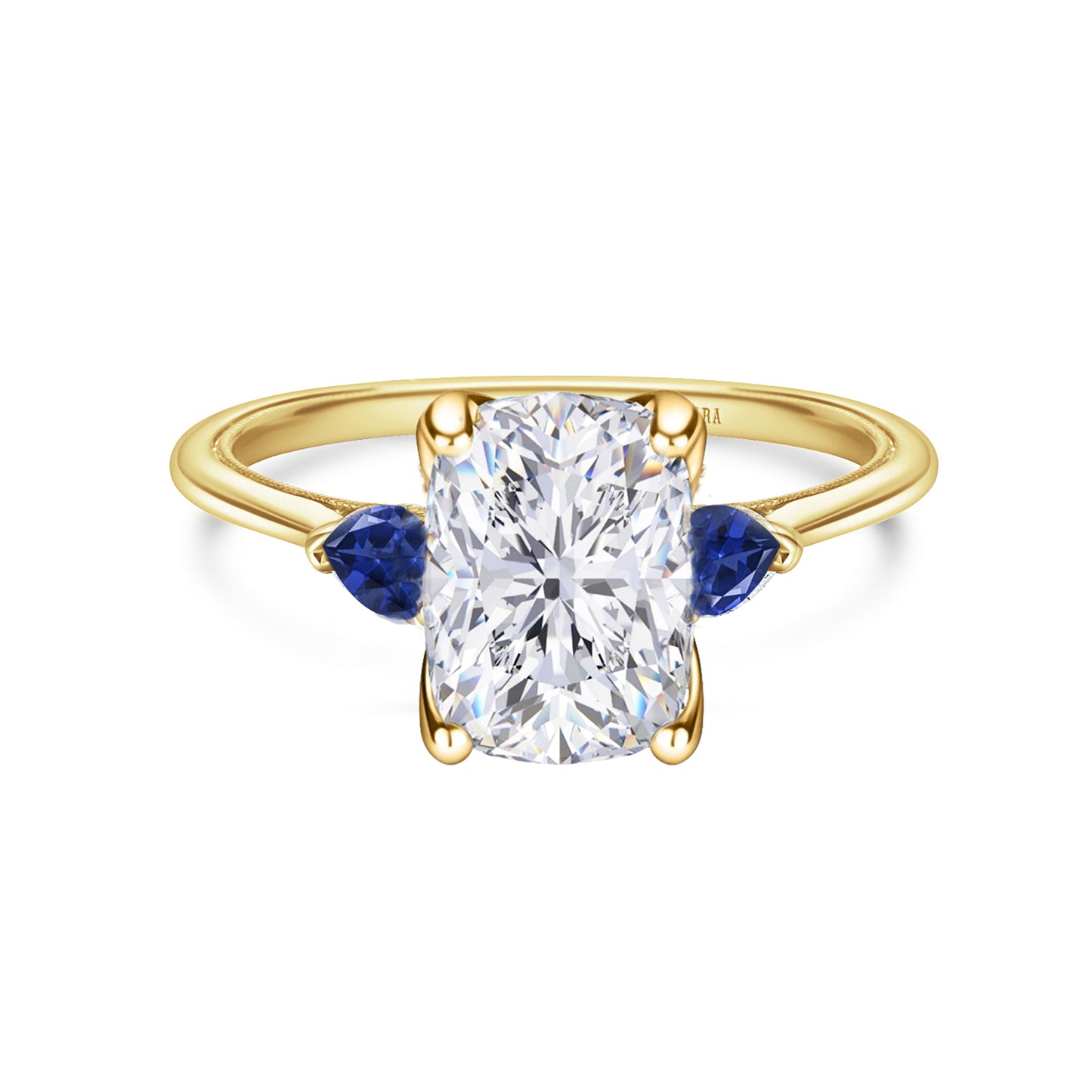 Three Stone Blue Sapphire Pear Side Stone Engagement Ring