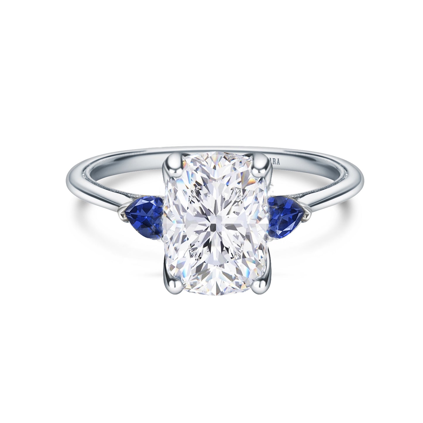 Three Stone Blue Sapphire Pear Side Stone Engagement Ring