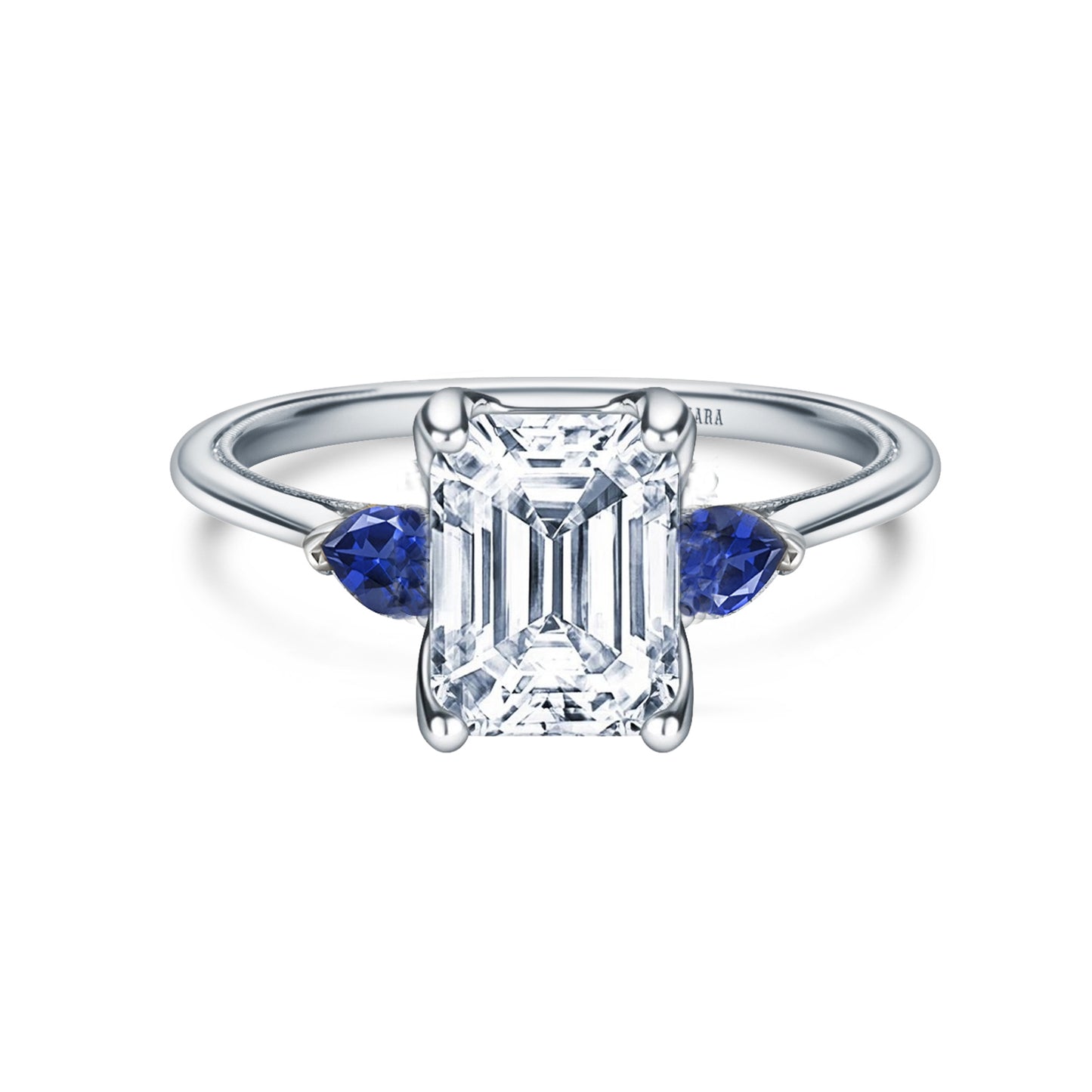 Three Stone Blue Sapphire Pear Side Stone Engagement Ring