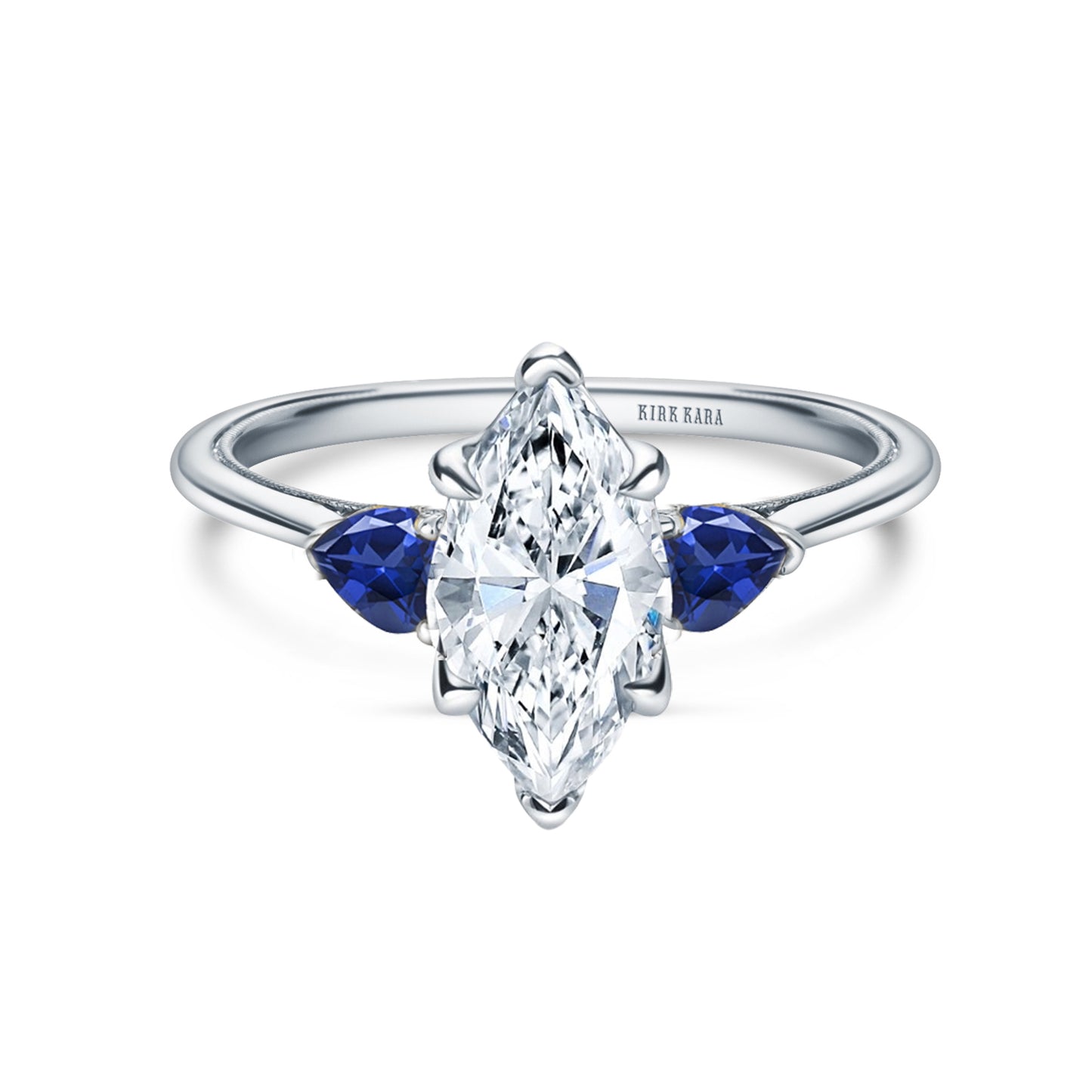 Three Stone Blue Sapphire Pear Side Stone Engagement Ring