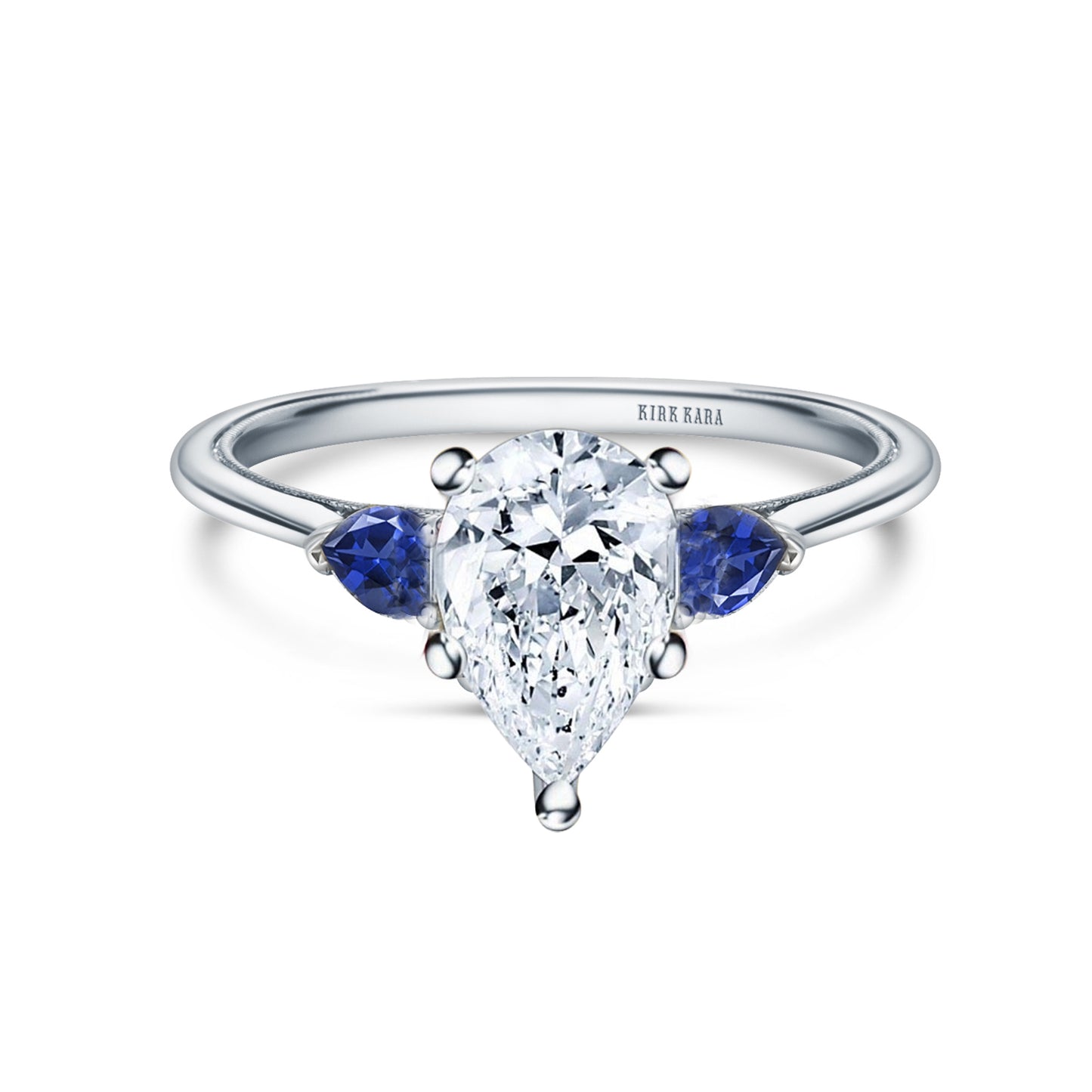 Three Stone Blue Sapphire Pear Side Stone Engagement Ring