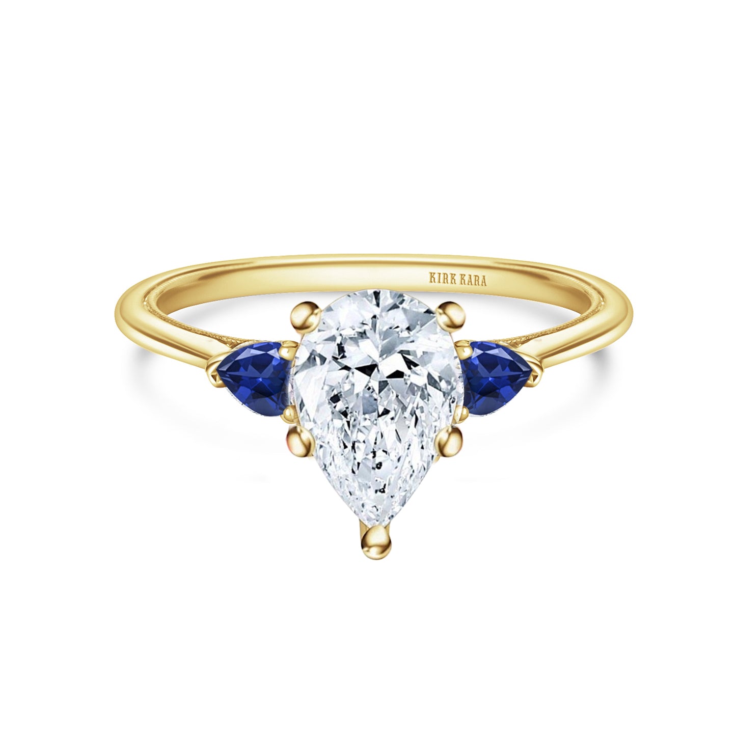 Three Stone Blue Sapphire Pear Side Stone Engagement Ring