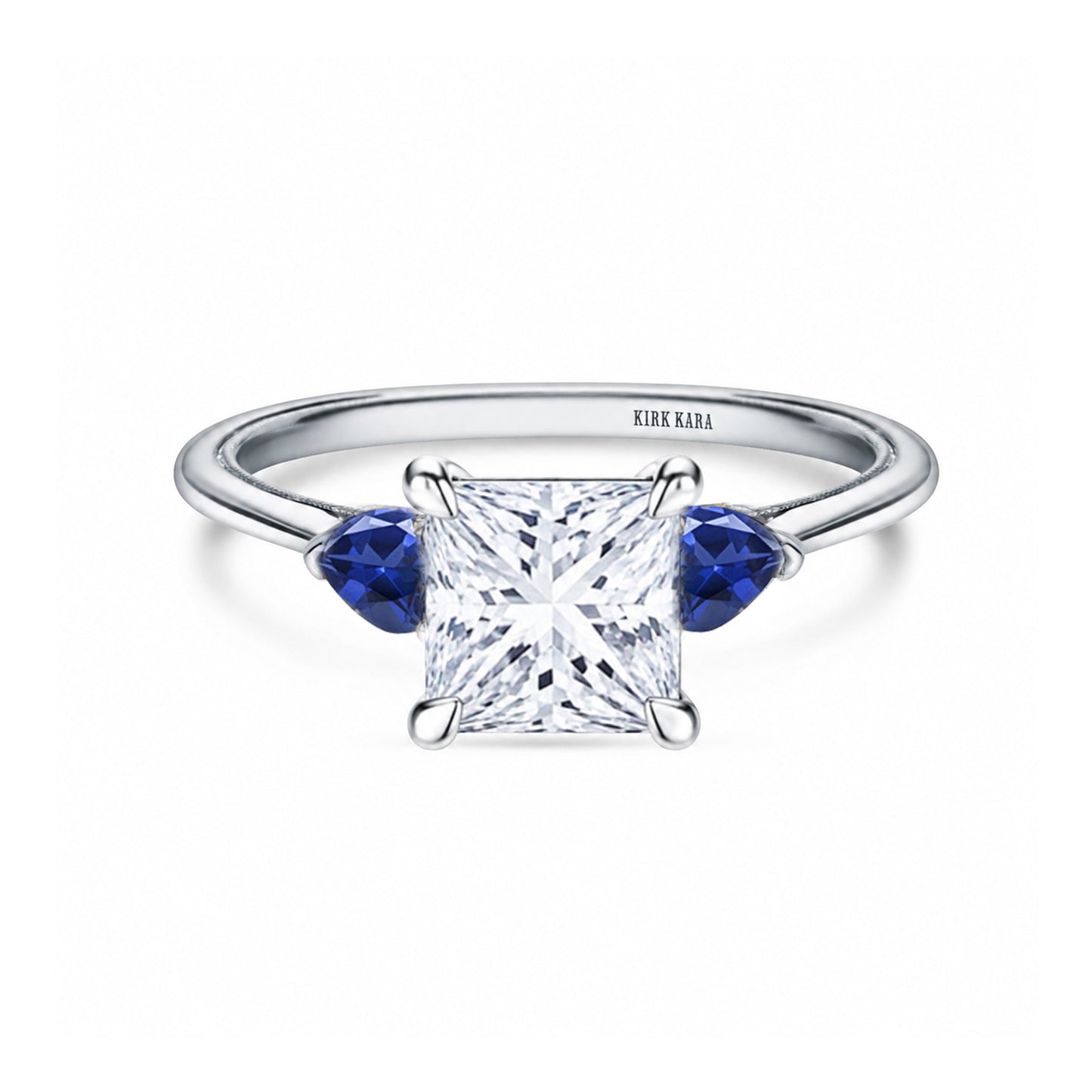 Three Stone Blue Sapphire Pear Side Stone Engagement Ring