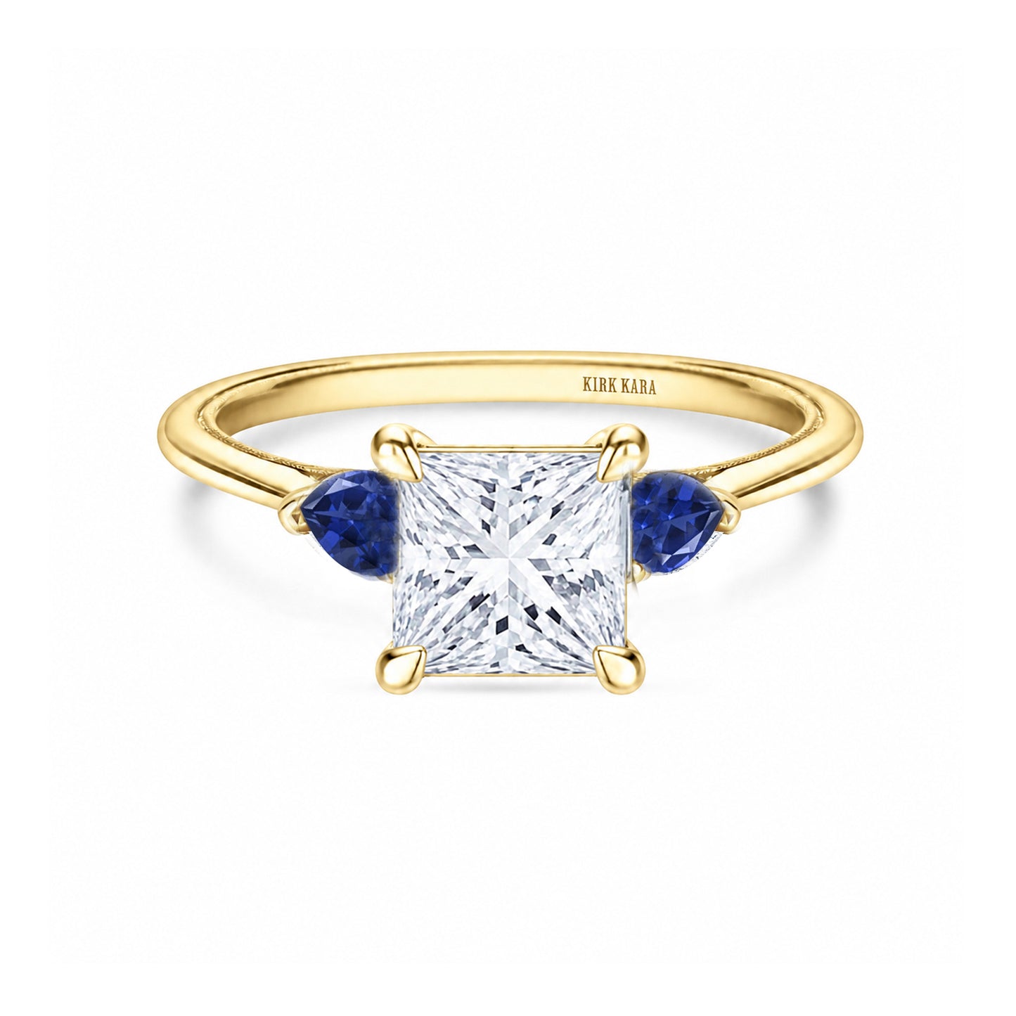 Three Stone Blue Sapphire Pear Side Stone Engagement Ring