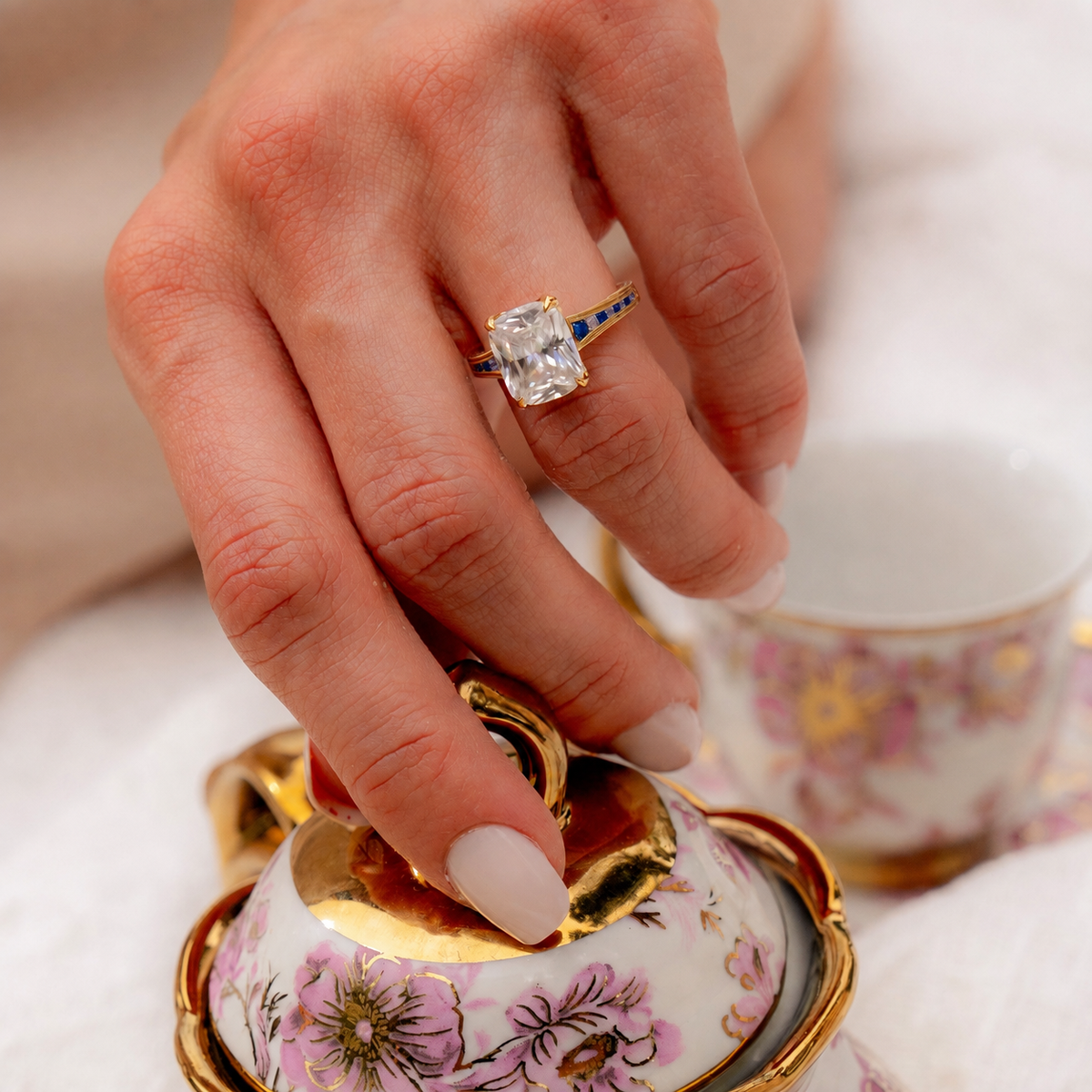 Blue Sapphire Channel-Set Petal Crown Engagement Ring