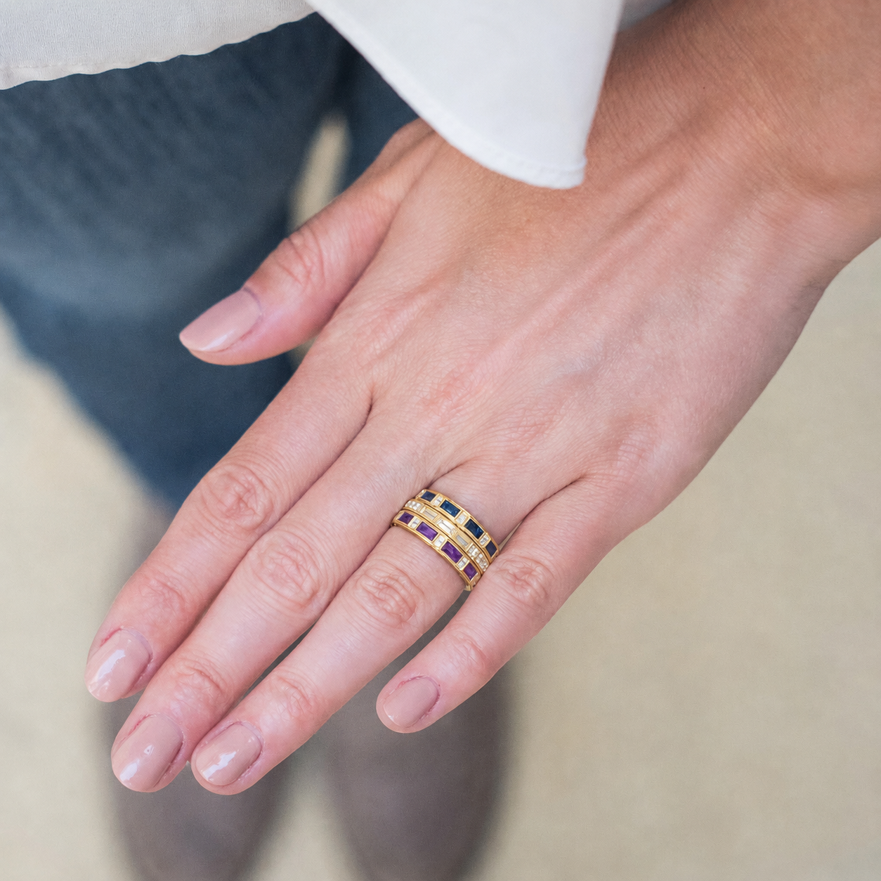 Yellow Blue Sapphire Baguette Engraved Diamond Wedding Band