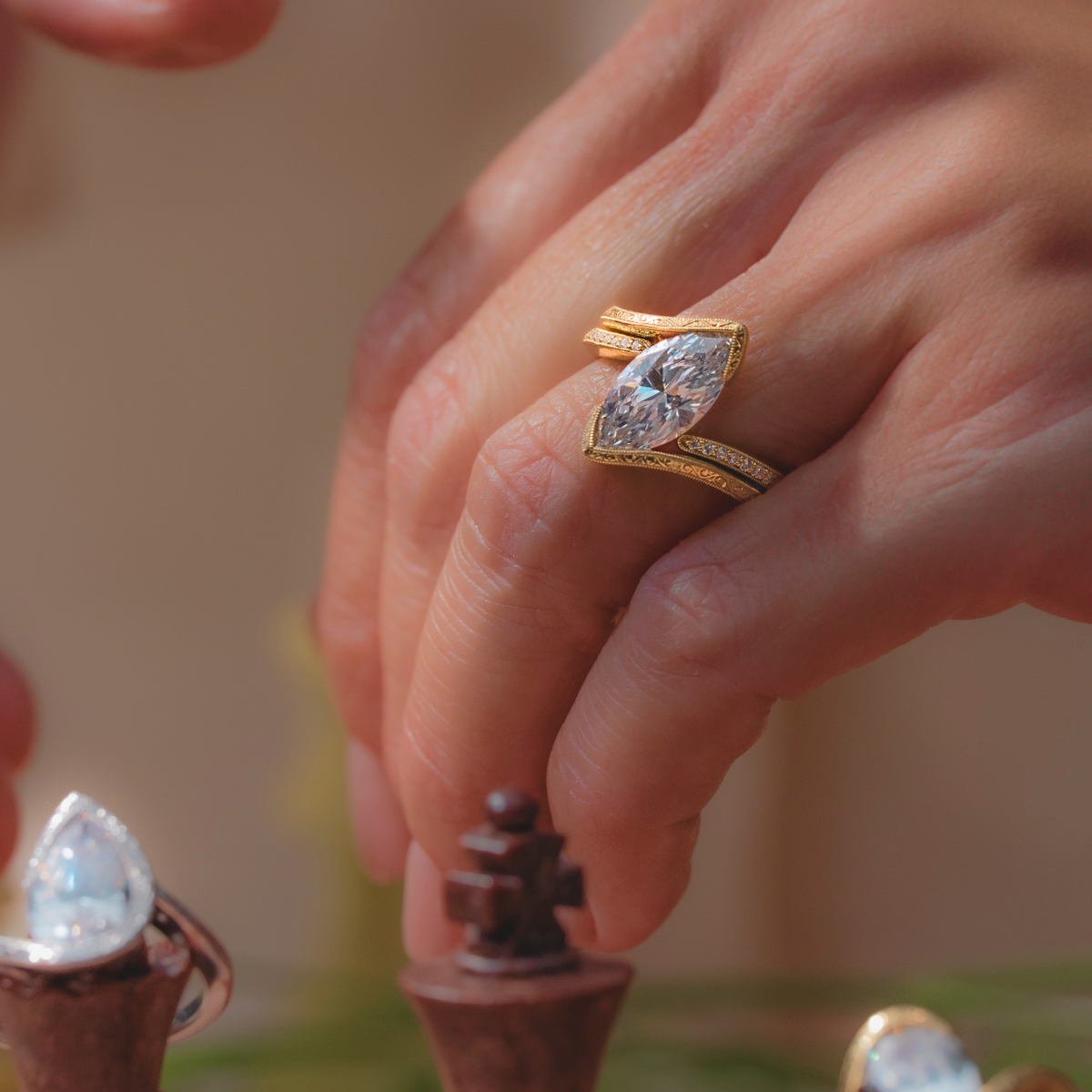 Hand-Engraved Wave Bypass Half Bezel Engagement Ring