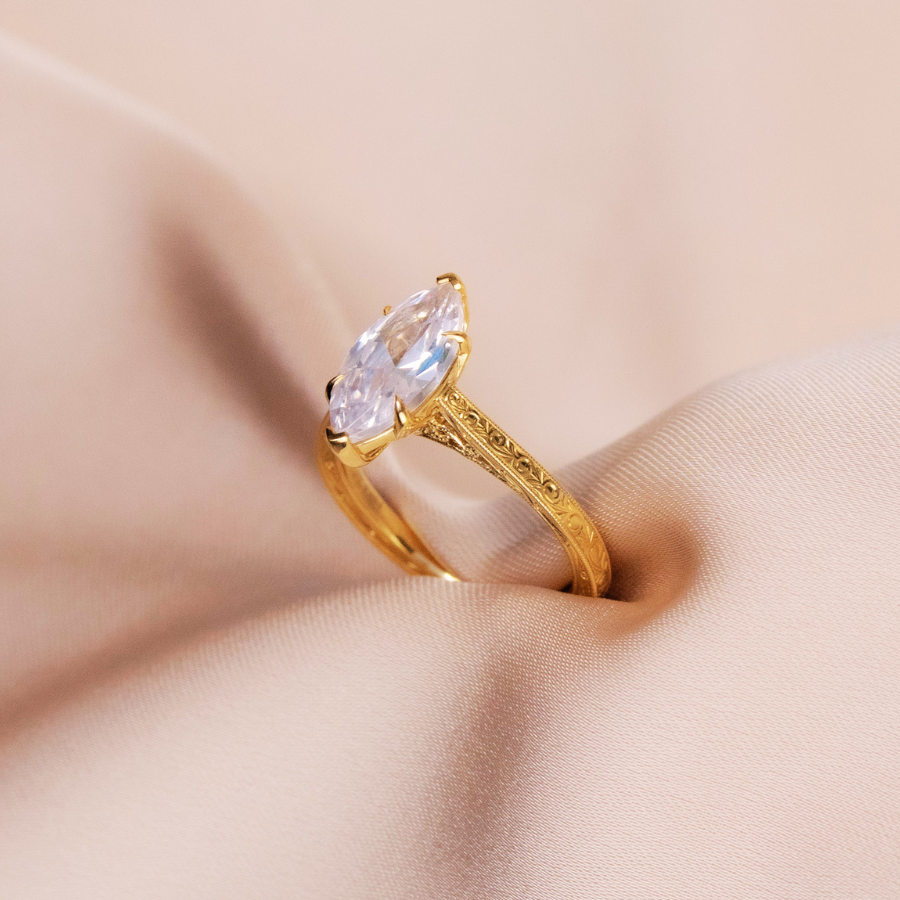 Petite Scroll-Engraved Vintage Solitaire Engagement Ring