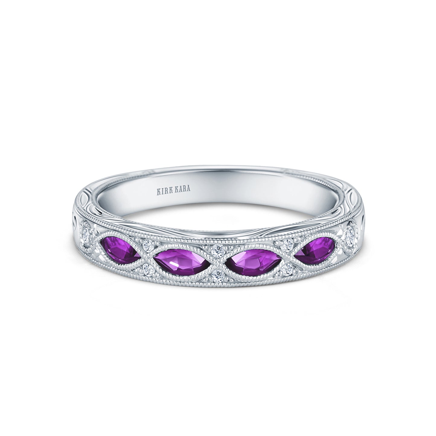 Amethyst Diamond Engraved Floral Wedding  Band