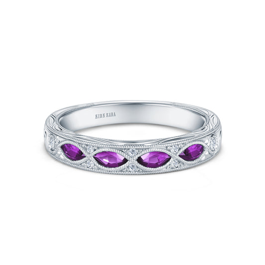 Amethyst Diamond Engraved Floral Wedding  Band
