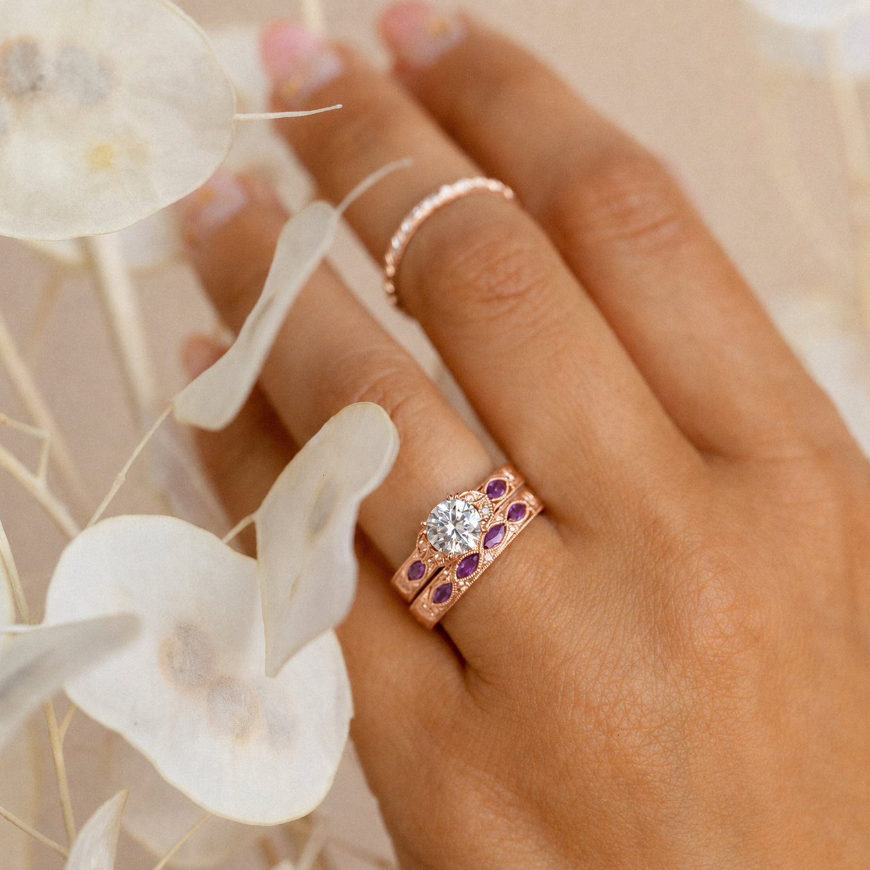 Amethyst Floral Diamond Engagement Ring