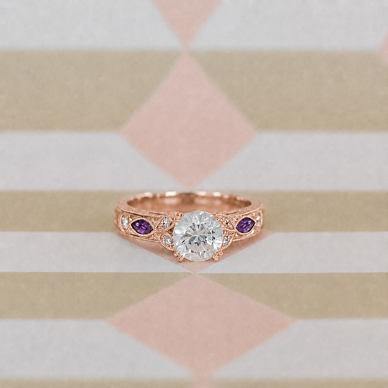 Amethyst Floral Diamond Engagement Ring