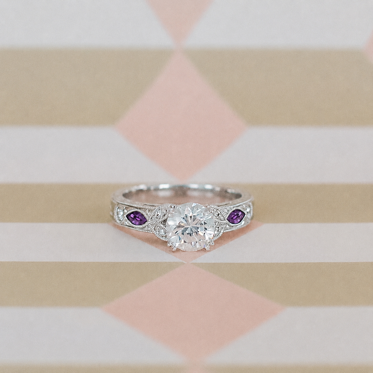 Amethyst Floral Diamond Engagement Ring
