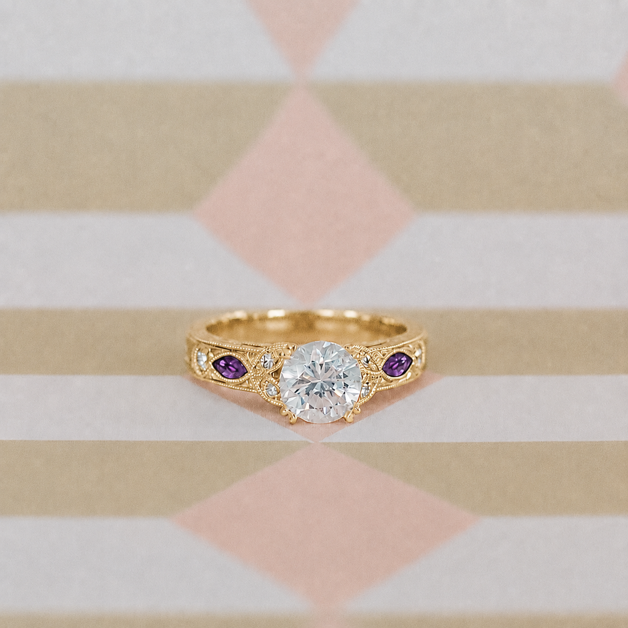 Amethyst Floral Diamond Engagement Ring