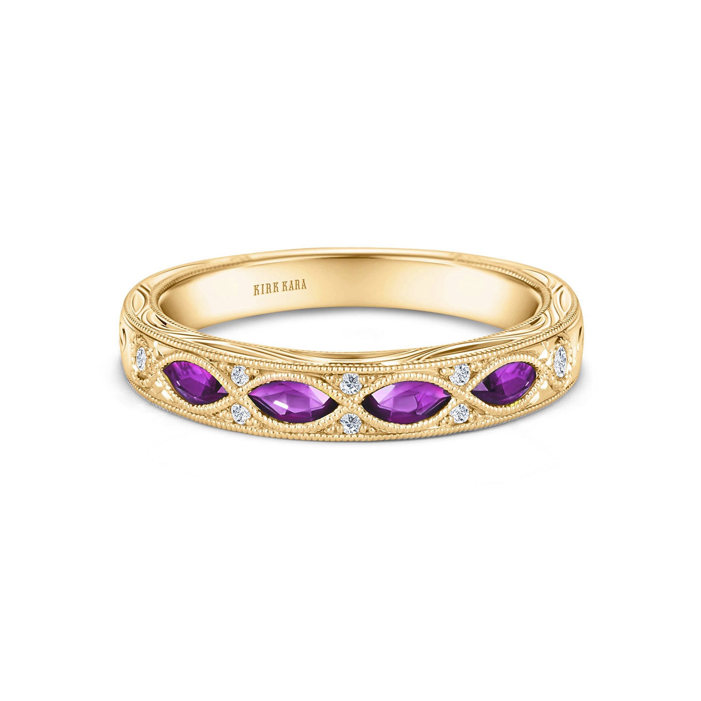 Amethyst Diamond Engraved Floral Wedding  Band