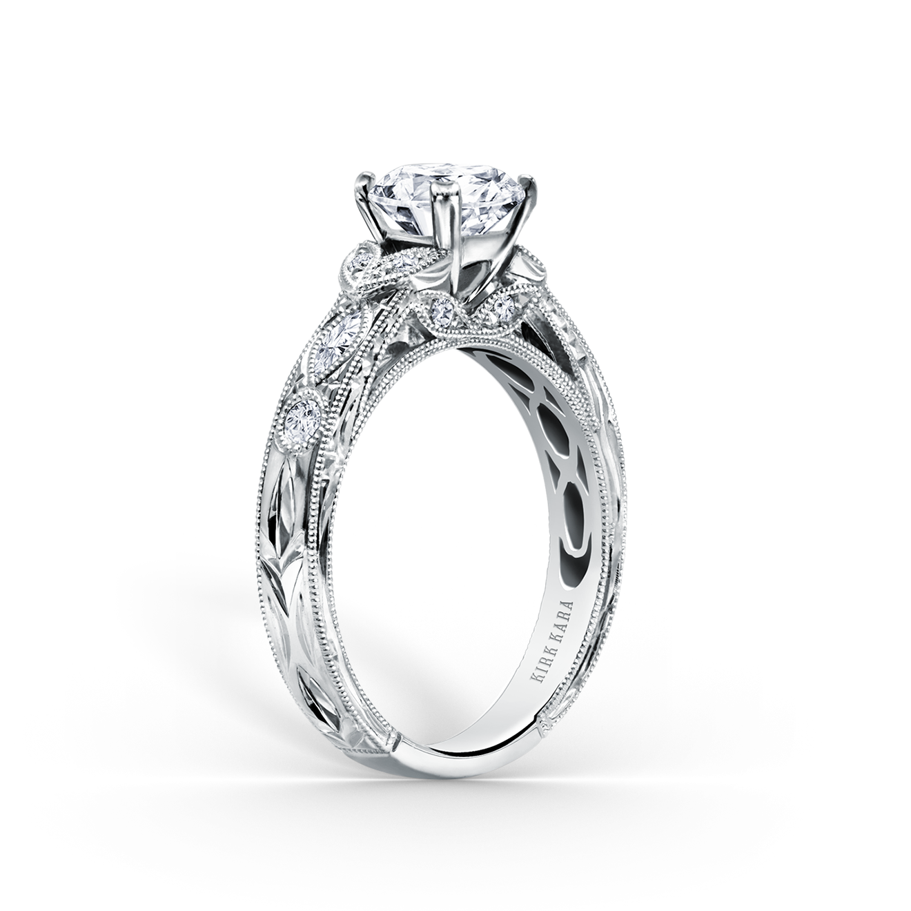 Floral Engraved Marquise Diamond Engagement Ring
