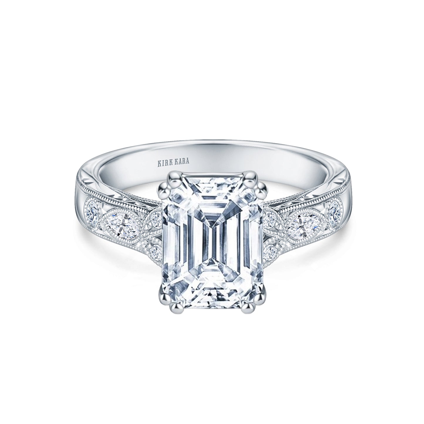 Floral Engraved Marquise Diamond Engagement Ring