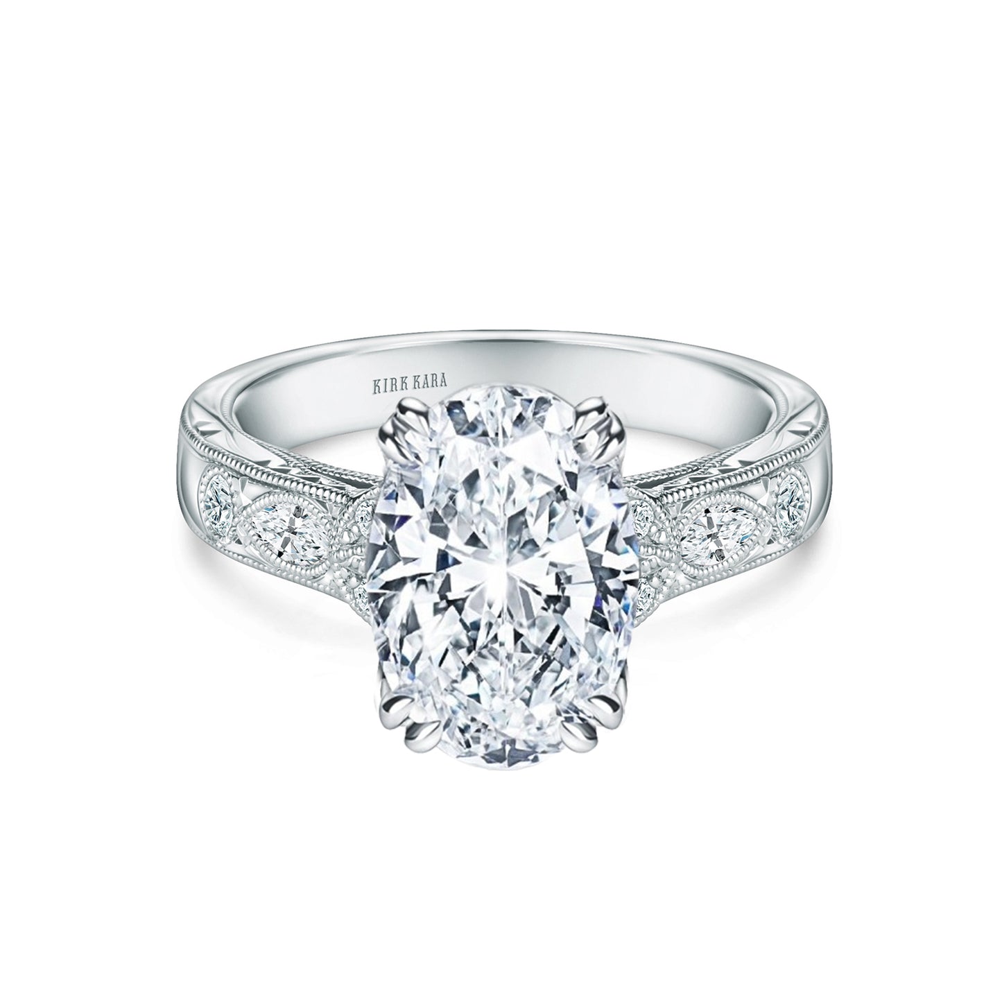 Floral Engraved Marquise Diamond Engagement Ring